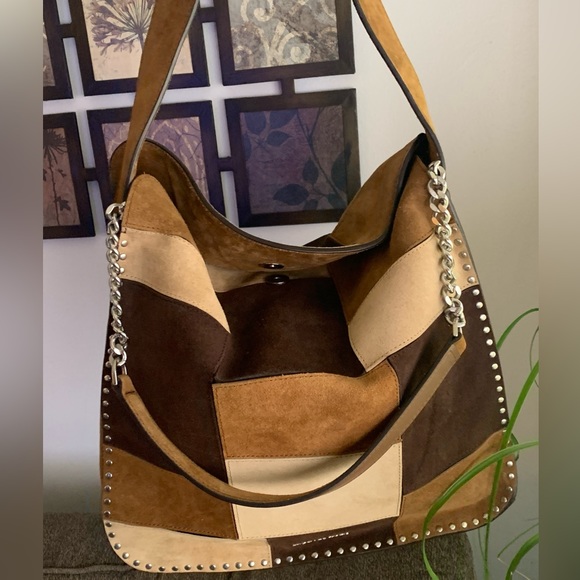 MICHAEL Michael Kors Handbags - EUC🔥Authentic MICHAEL KORS SUEDE LEATHER studs PATCHWORK magn foldable top hobo
